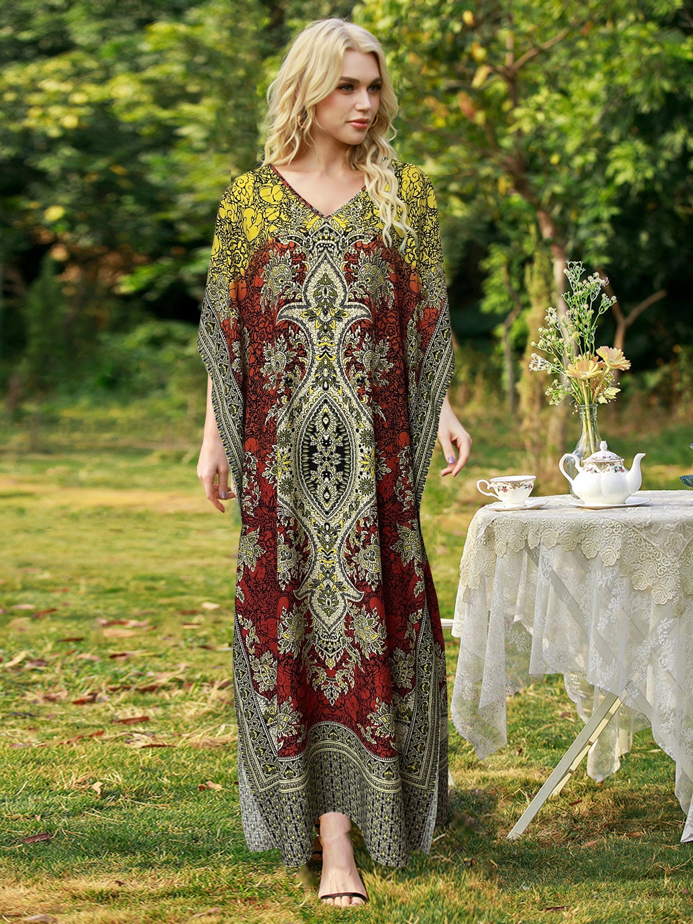 New European and American spring/summer women's bohemian print dress, plus size loose robe, Amazon beach vacation style.