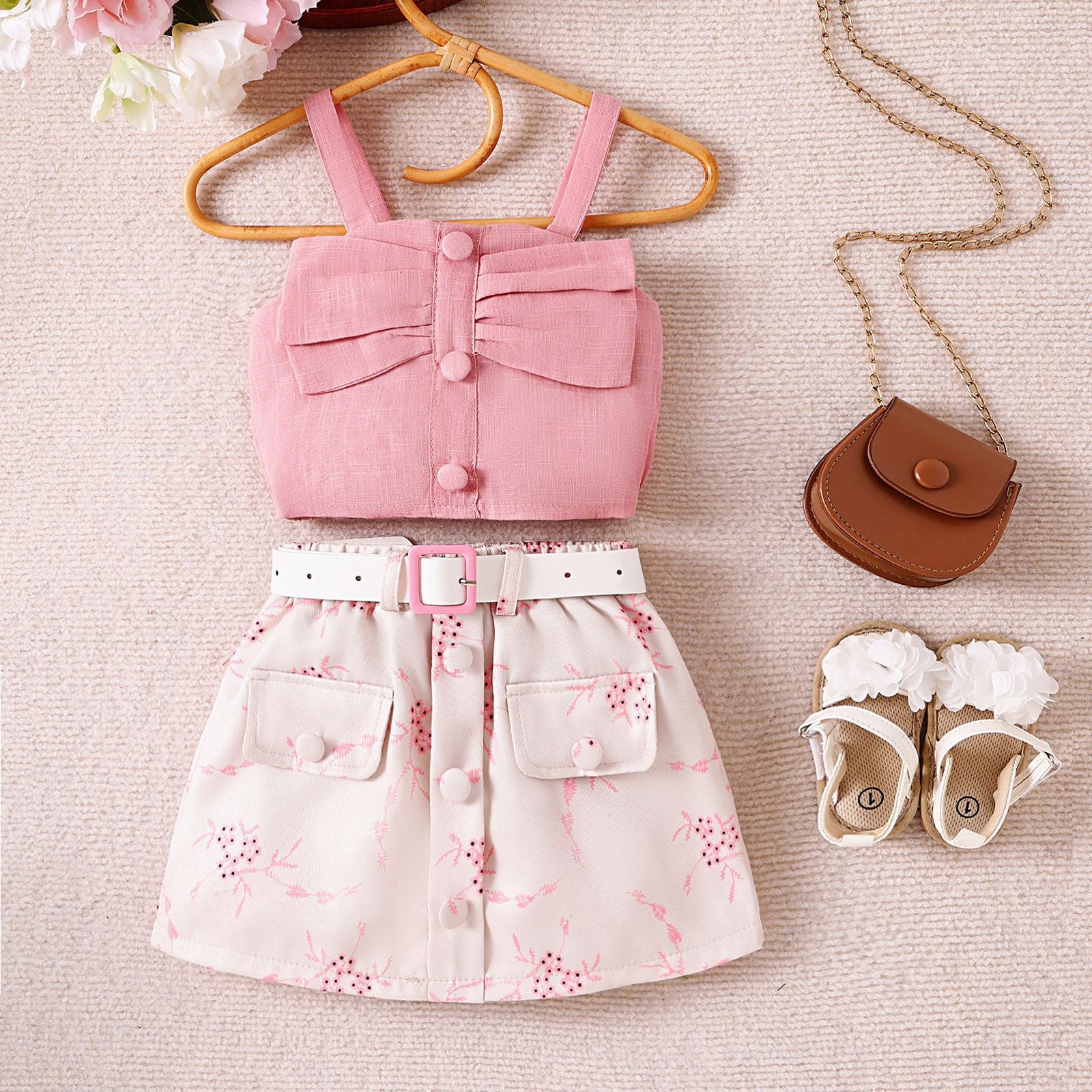 Foreign trade cross-border European and American summer sweet girl suits small and medium-sized children's suspender tops, printed skirts, belts new products