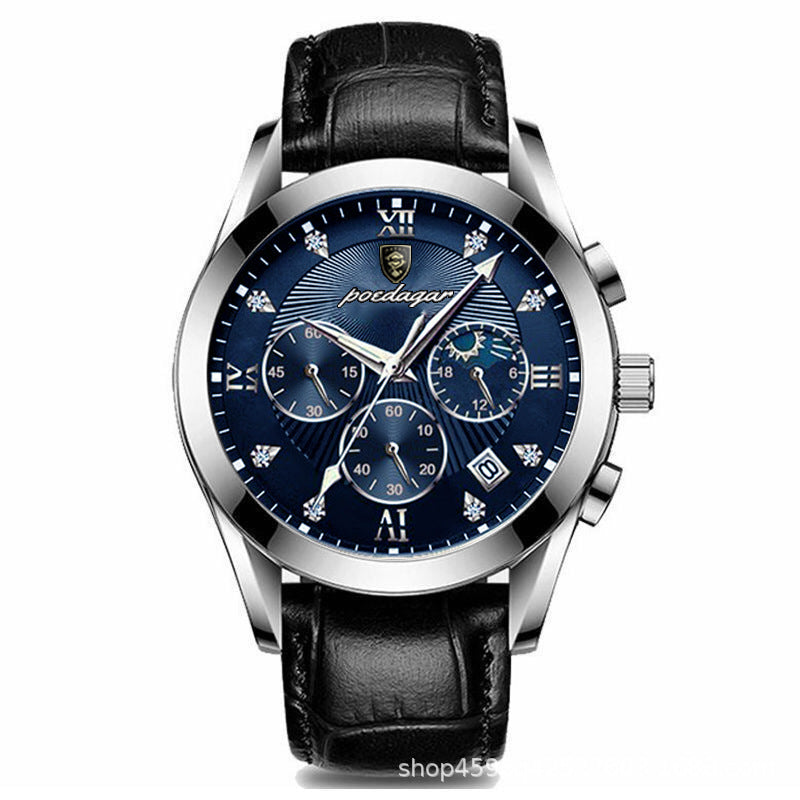 Men's Rose Gold Black Quartz Watch - Leather Strap, Calendar