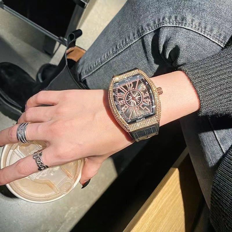 Men's Rose Blue Crystal Barrel Watch - Quartz, Leather Strap