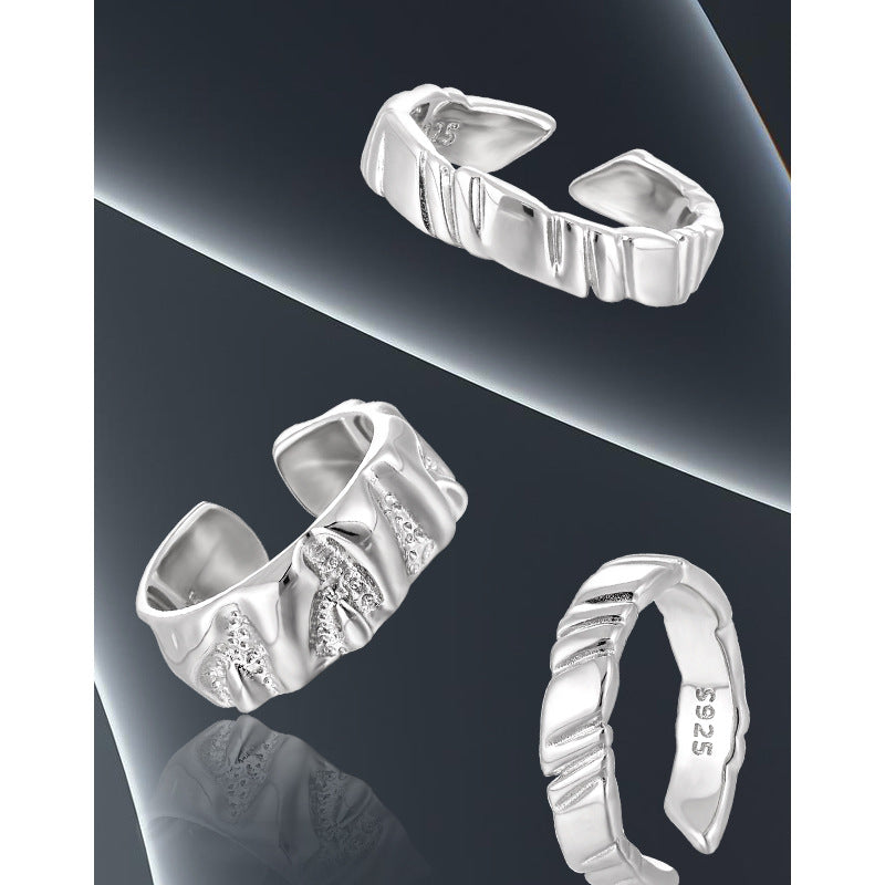 017 Korean style niche personalized silver pair ring simple geometric irregular texture texture S925 sterling silver ring for women