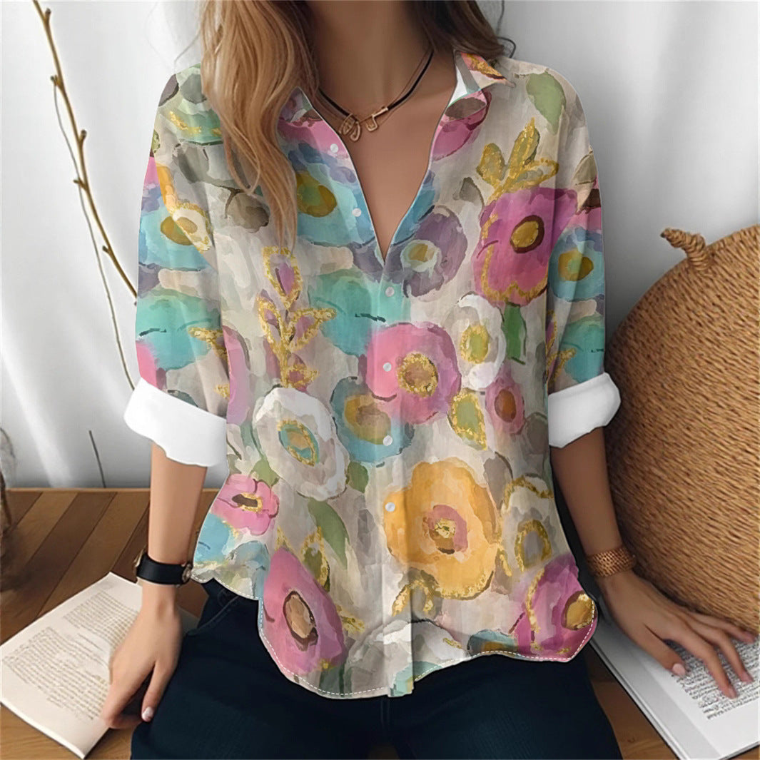 Cat cross-border Amazon European and American women's 3D printed floral pattern long-sleeved shirt women's fashion tops