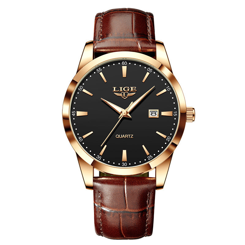 Men's Three-Hand Quartz Watch - Leather Strap, Waterproof