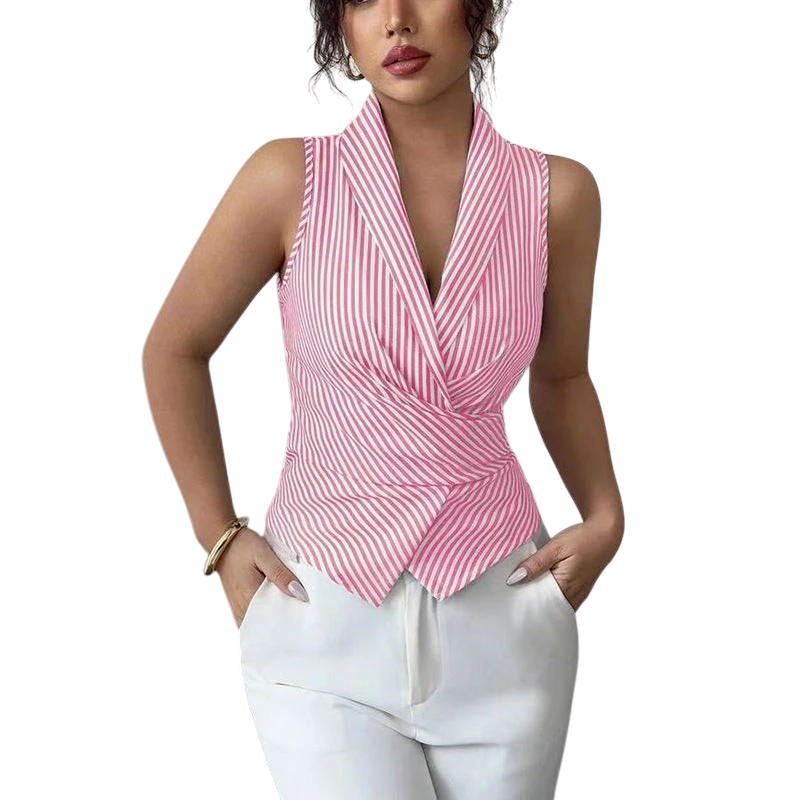 Cross-border European and American striped sleeveless shirt, 2025 summer, tie-waist slimming vest shirt, eBay foreign trade women's clothing