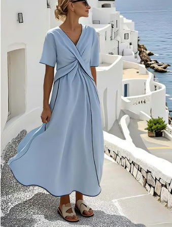 New European and American style summer vacation V-neck women's short-sleeved pleated maxi dress