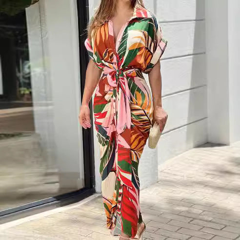 European and American cross-border 2024 Amazon summer new women's clothing printed lapel short-sleeved waist long shirt dress