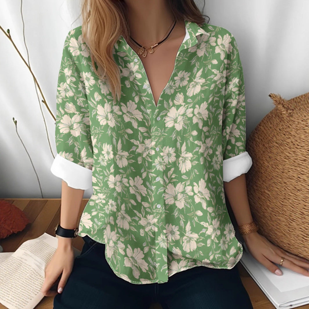 Cat cross-border Amazon European and American women's 3D printed floral pattern long-sleeved shirt women's fashion tops