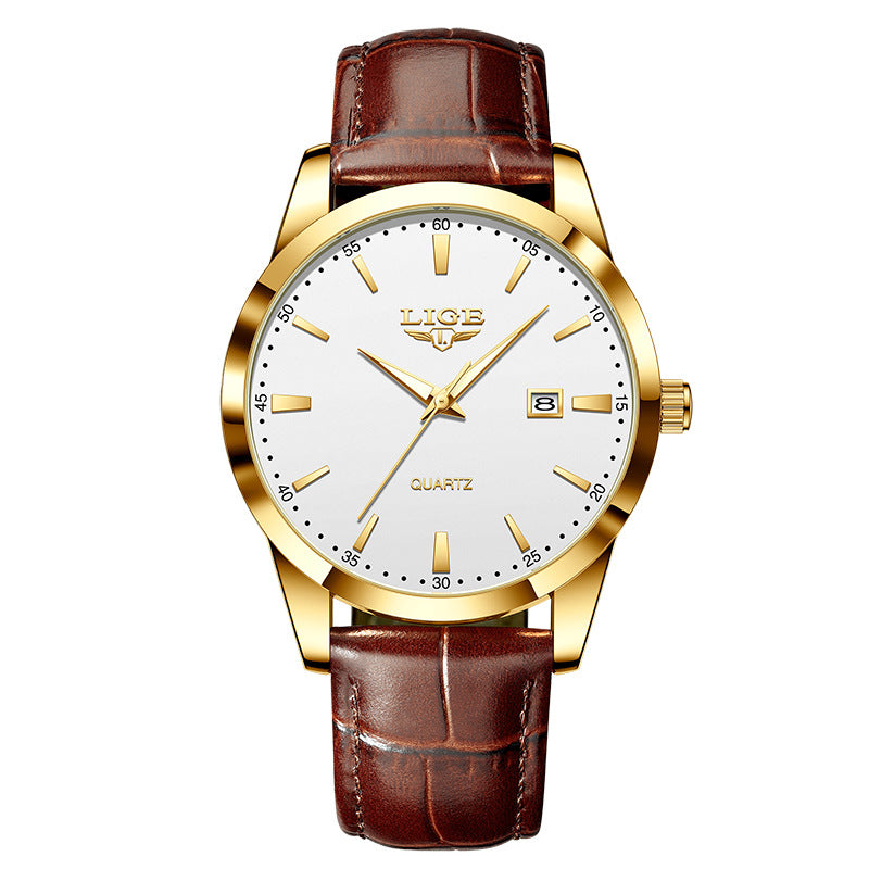 Men's Three-Hand Quartz Watch - Leather Strap, Waterproof