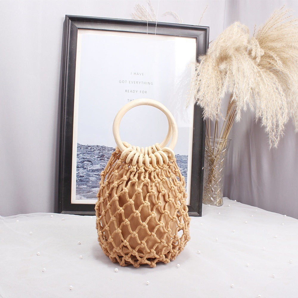 Handmade straw bag, small woven bag with round hollow handle, mesh bag, tote bag, niche brand bag for women, cotton thread, fishing net, hollow design.