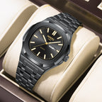 Men's Black Steel Quartz Watch - Waterproof, Luminous