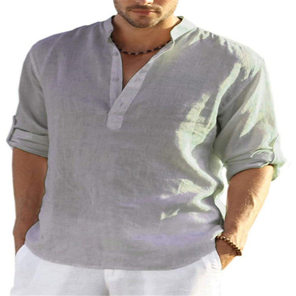 Men's Cotton Linen Long Sleeve Stand Collar Shirt | Aladinae