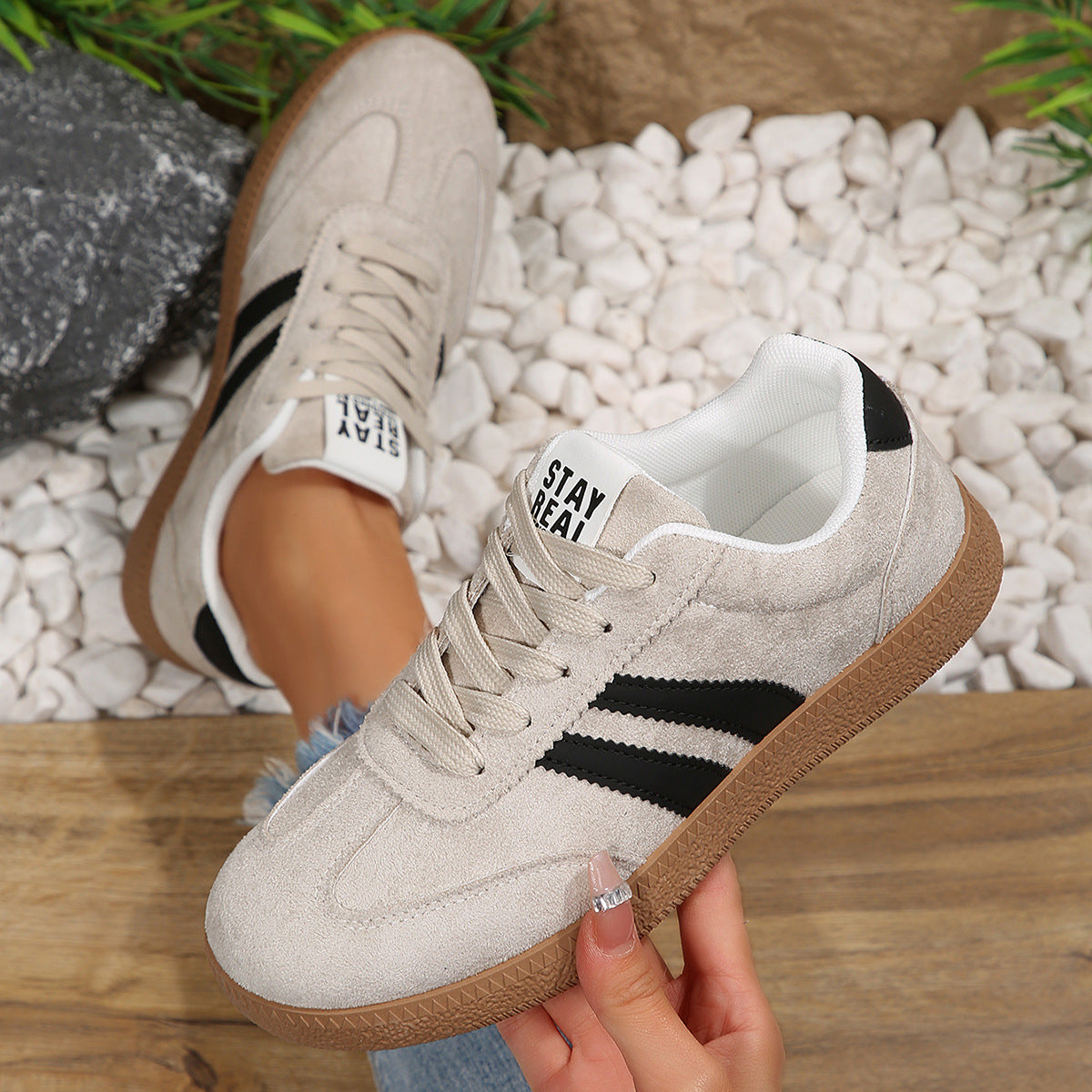 Women's Beige Flat Sneakers - Low-Top, Lace-Up