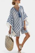 2026 European and American New Style Striped Casual V-neck T-shirt and Linen-style Set with Loose Shorts