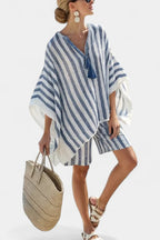 2026 European and American New Style Striped Casual V-neck T-shirt and Linen-style Set with Loose Shorts