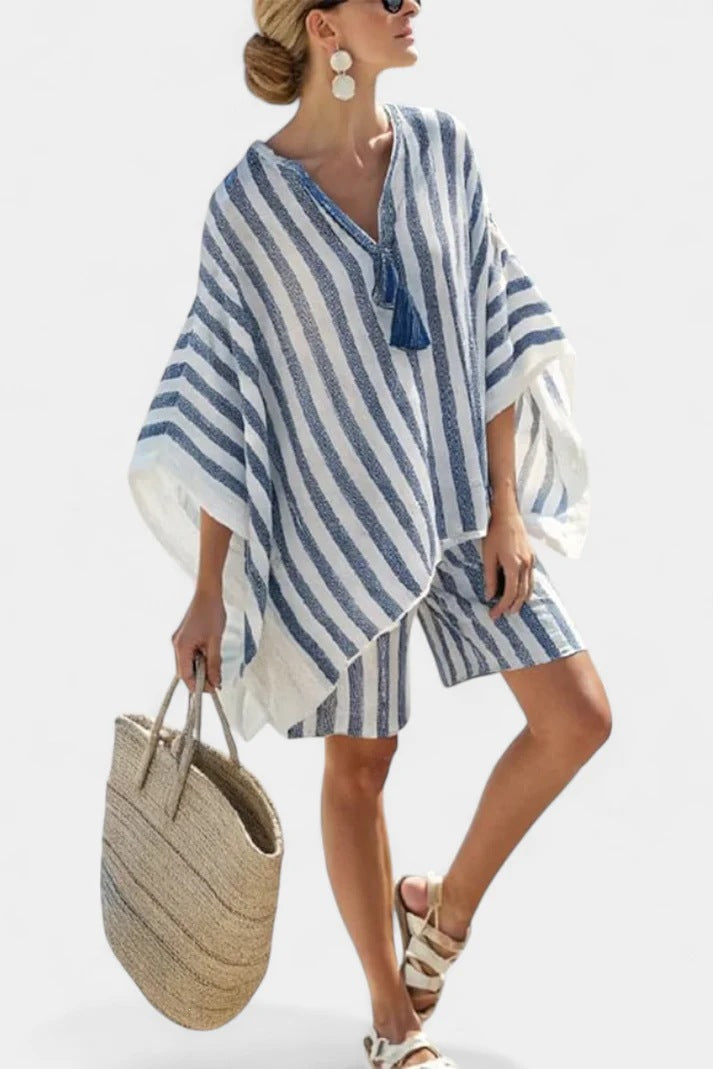 2026 European and American New Style Striped Casual V-neck T-shirt and Linen-style Set with Loose Shorts
