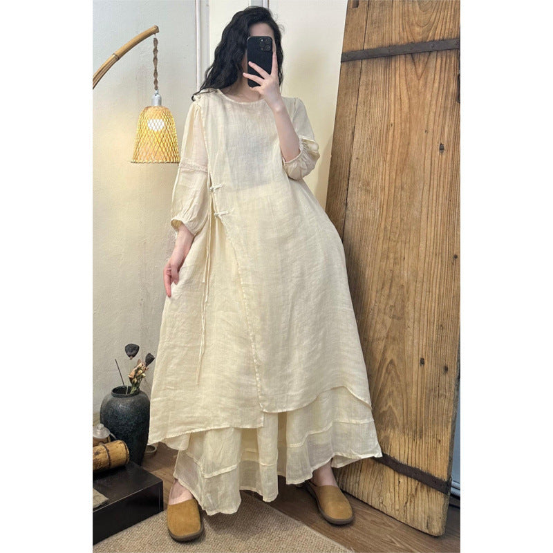 2026 Summer New Retro Niche Pure Ramie Handmade Chinese Style Dress with Folded Buttons and Tie