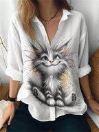 Cat cross-border Amazon European and American women's 3D printed floral pattern long-sleeved shirt women's fashion tops