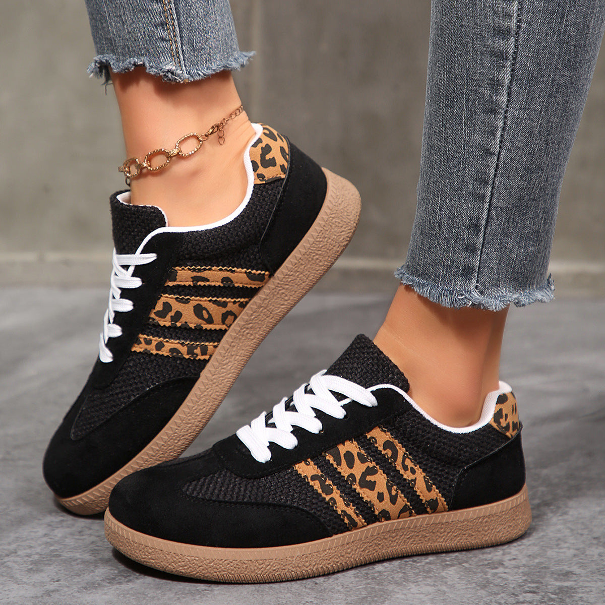 Women's Beige Flat Sneakers - Low-Top, Lace-Up