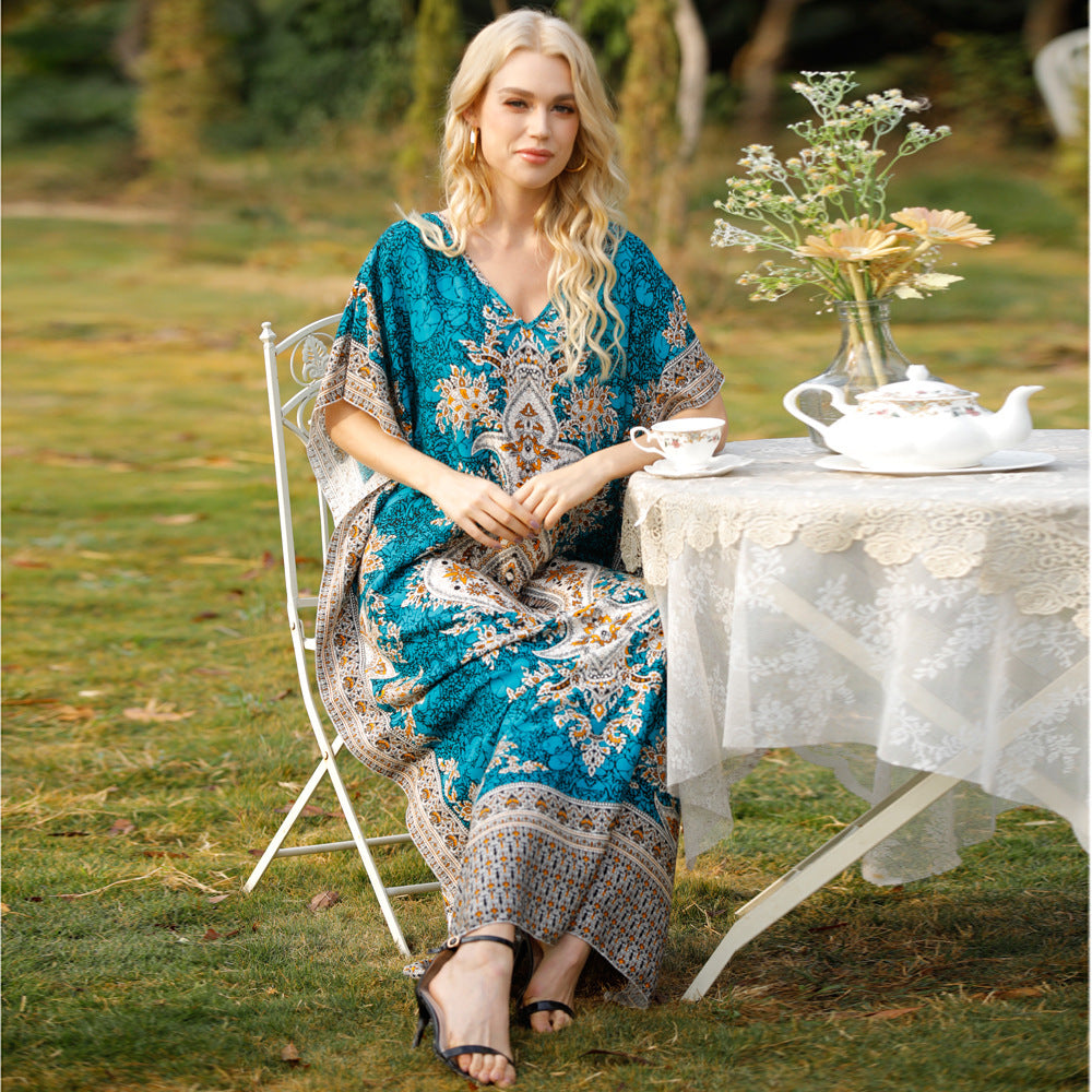 New European and American spring/summer women's bohemian print dress, plus size loose robe, Amazon beach vacation style.