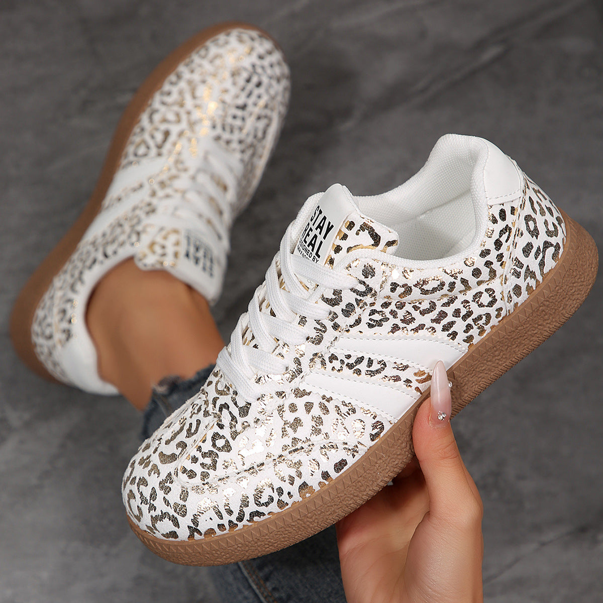 Women's Beige Flat Sneakers - Low-Top, Lace-Up
