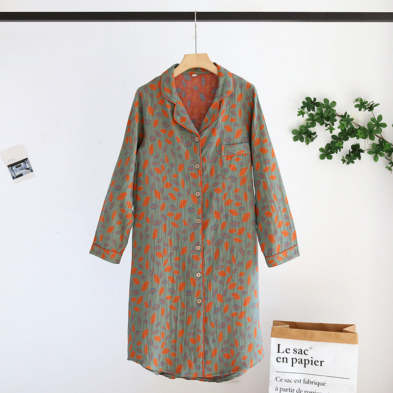 Women's cotton long-sleeved nightgown, simple plus size, double-layer gauze home dress, retro long-sleeved dress, perfect for spring and summer.
