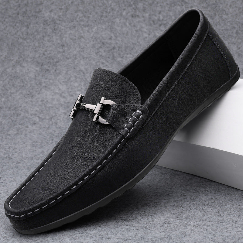 Men's Black Slip-On Leather Bean Shoes | Aladinae