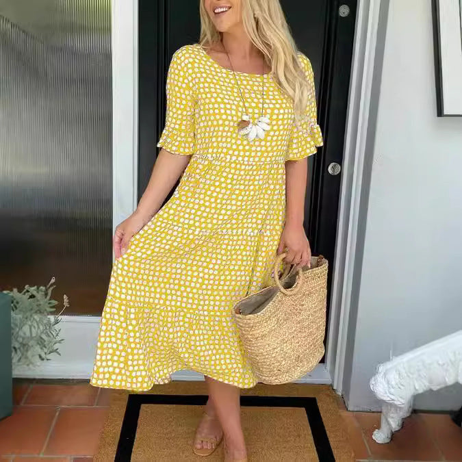 New European and American style women's clothing, best-selling summer round neck printed short-sleeved dress on Amazon independent website.