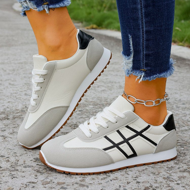 Women's Beige Flat Sneakers - Low-Top, Lace-Up
