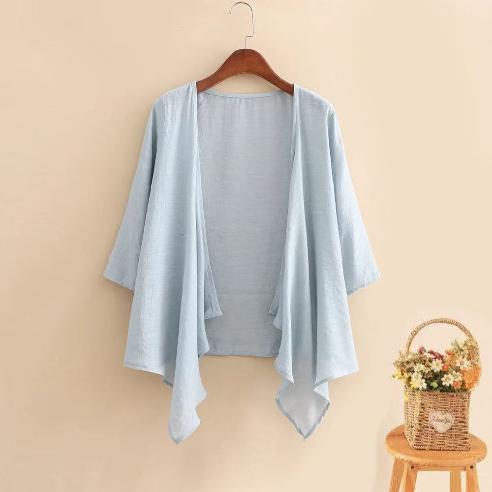 Summer thin bamboo cotton sun protection cardigan for women, solid color, versatile outerwear, shawl, three-quarter sleeve linen cover-up jacket