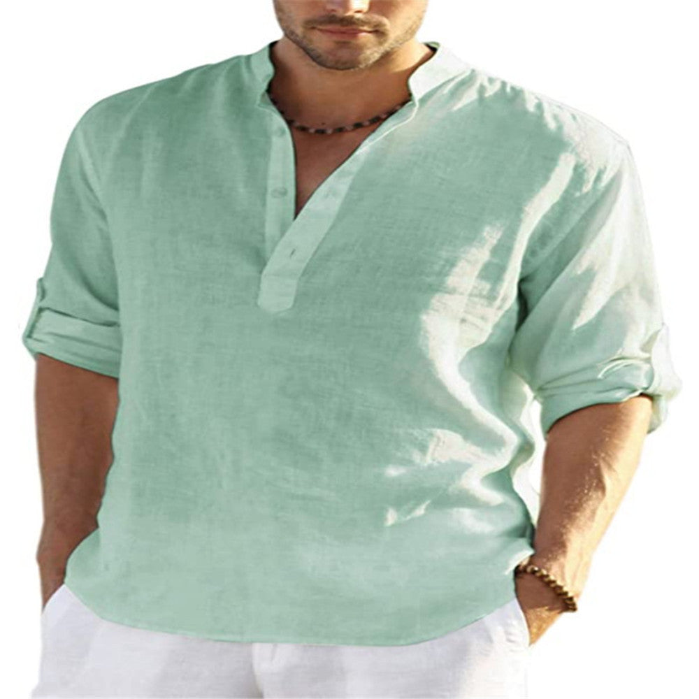 Men's Cotton Linen Long Sleeve Stand Collar Shirt | Aladinae