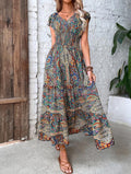 European and American cross-border women's clothing, Bohemian style, 2023 new V-neck long dress, waist-cinching floral print maxi dress.
