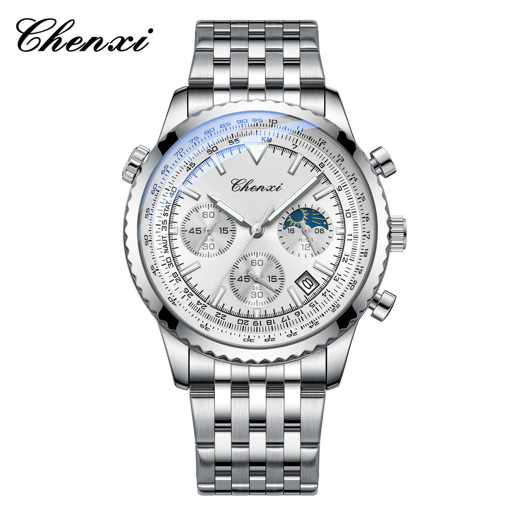 Men's Silver White Multi-Function Quartz Watch - Waterproof