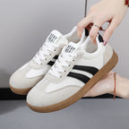 Women's Beige Flat Sneakers - Low-Top, Lace-Up