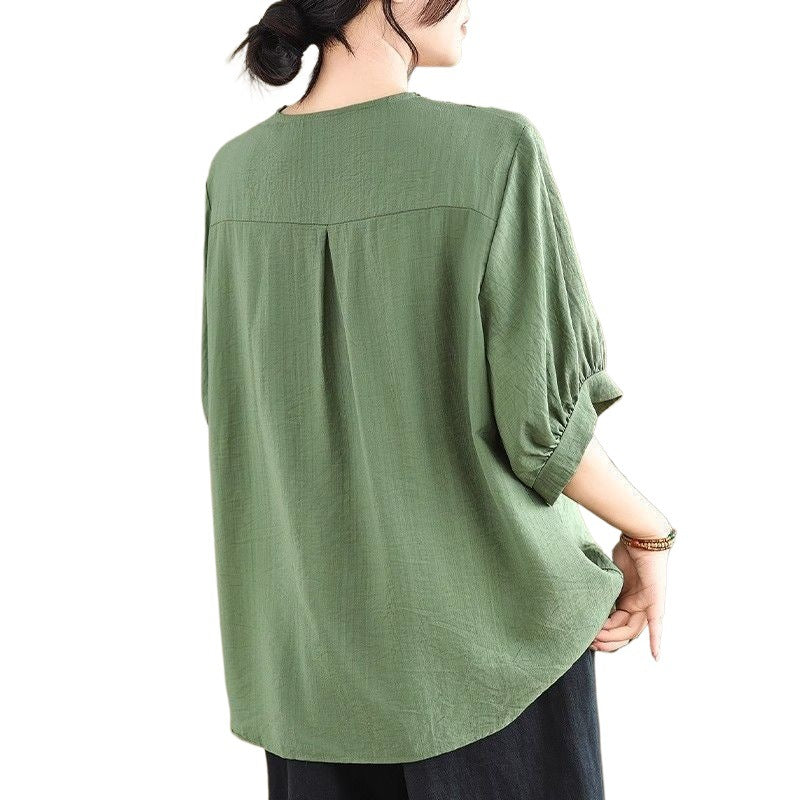Plus-size women's cotton and linen T-shirt, high-end retro loose three-quarter sleeve top, new style for mothers.