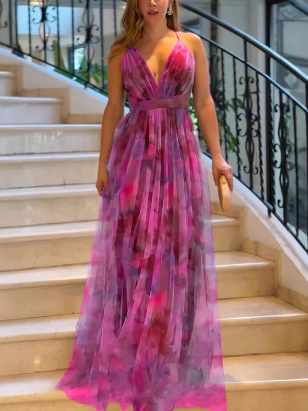 Cross-border 2025 European and American Spring/Summer New Mesh Printed Sundress, INS Vacation Casual Party Dress