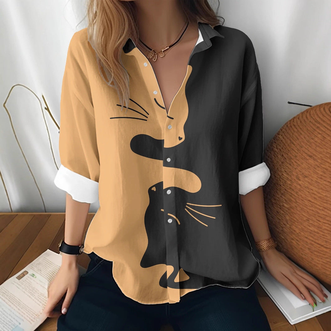 Cat cross-border Amazon European and American women's 3D printed floral pattern long-sleeved shirt women's fashion tops