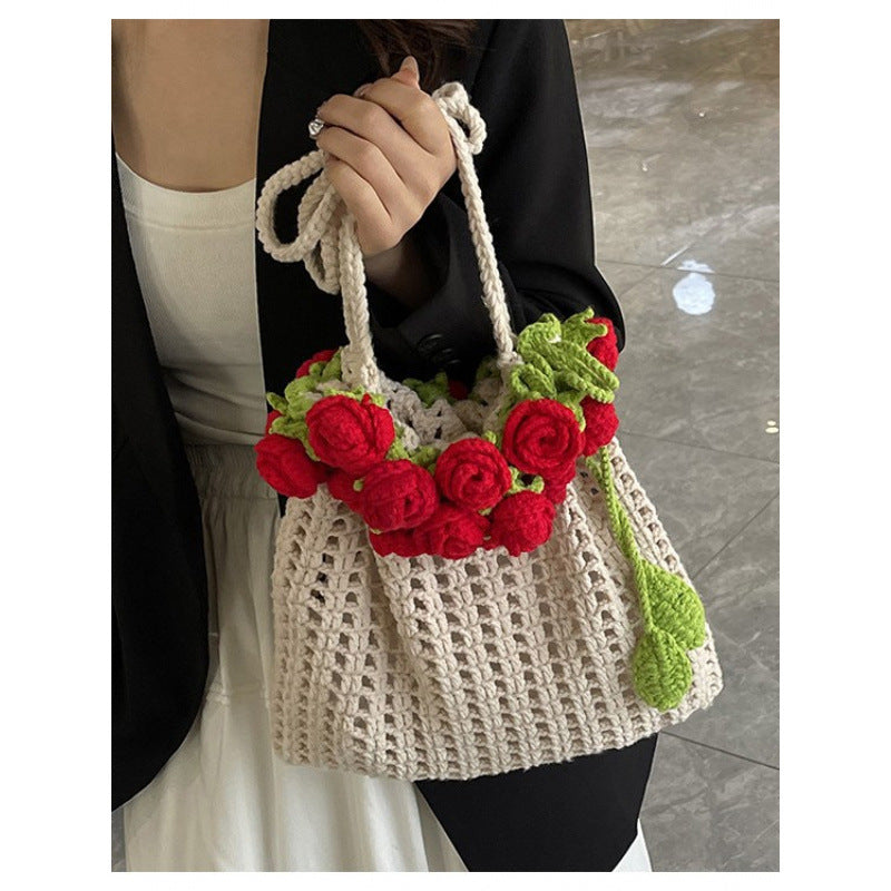 Cross-border rose bouquet blanket bucket bag handmade crochet knitting material kit wool knitting crossbody bag handmade crochet