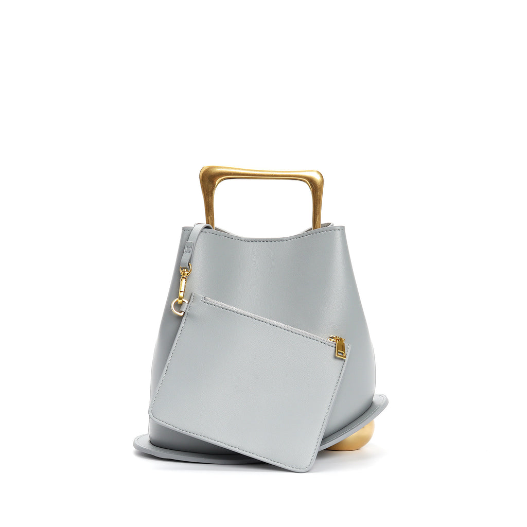 New genuine leather plain weave handbag imported cowhide commuter basket bucket bag wooden handbag messenger bag for women