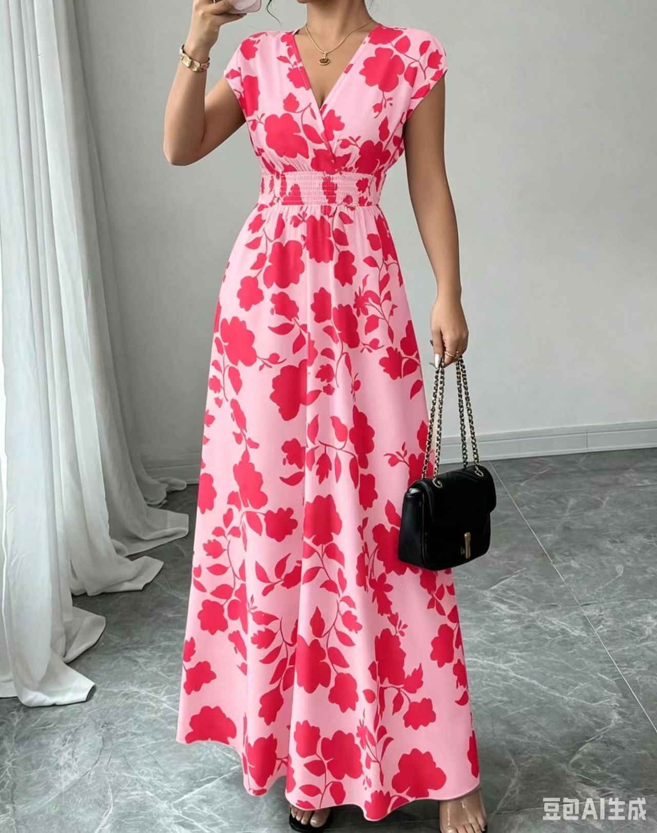 2026 New French V-neck Slim Waist Maxi Dress, Elegant and Stylish Dress (for European and American Cross-Border Amazon and AliExpress)