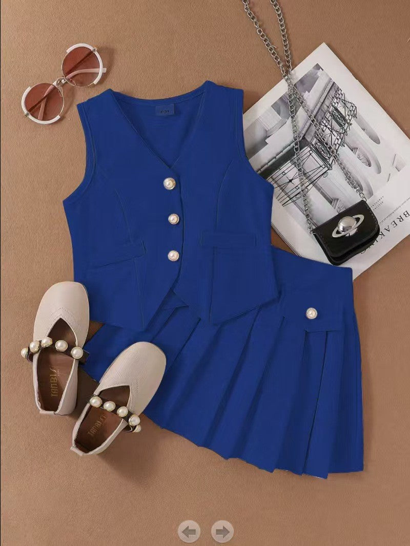 2025 Foreign Trade Cross-border European and American Summer Hot Selling Girls' Suit Small and Medium Children's Vest Top Pleated Skirt Factory Direct