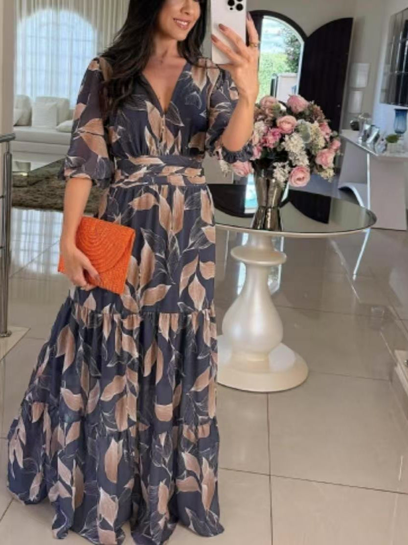 Amazon Foreign Trade 2026 European and American Women's Summer New V-neck Fashionable Elegant Printed Long Dress