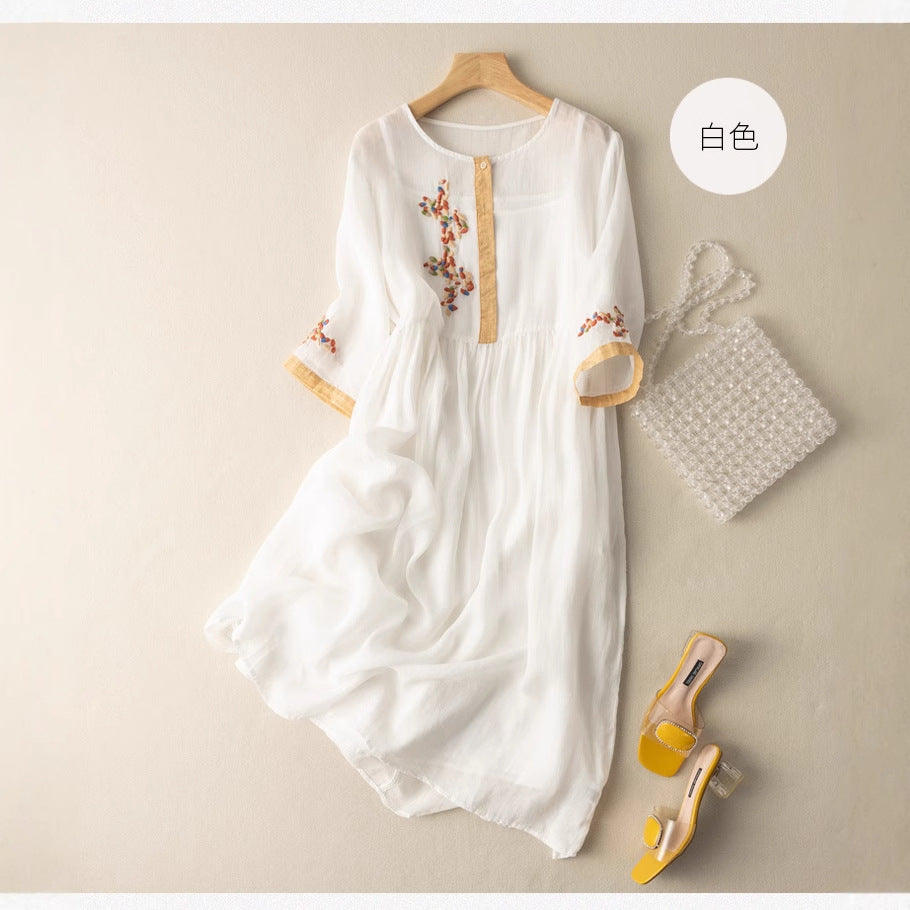 2026 Summer New Style Artistic Ethnic Style Embroidered Loose Short-Sleeve Dress for Women, White, Artistic Retro