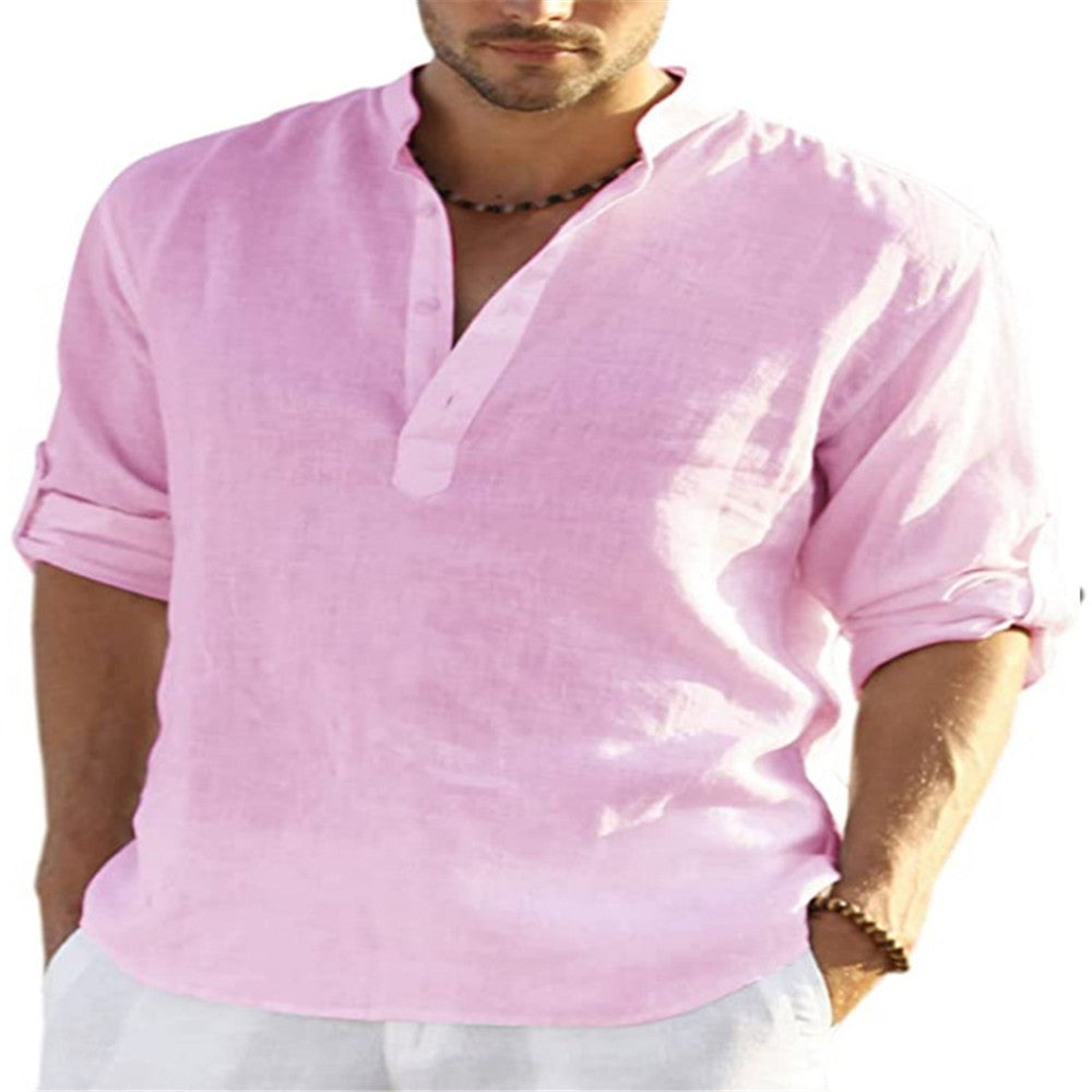 Men's Cotton Linen Long Sleeve Stand Collar Shirt | Aladinae