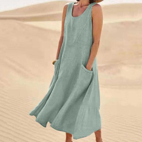Amazon independent station wish2023 summer European and American foreign trade pocket sleeveless round neck women's cotton and linen dress