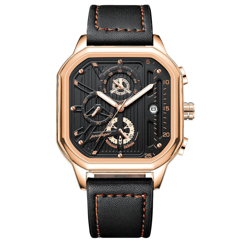 Men's Black Square Dial Quartz Watch - Leather, Waterproof