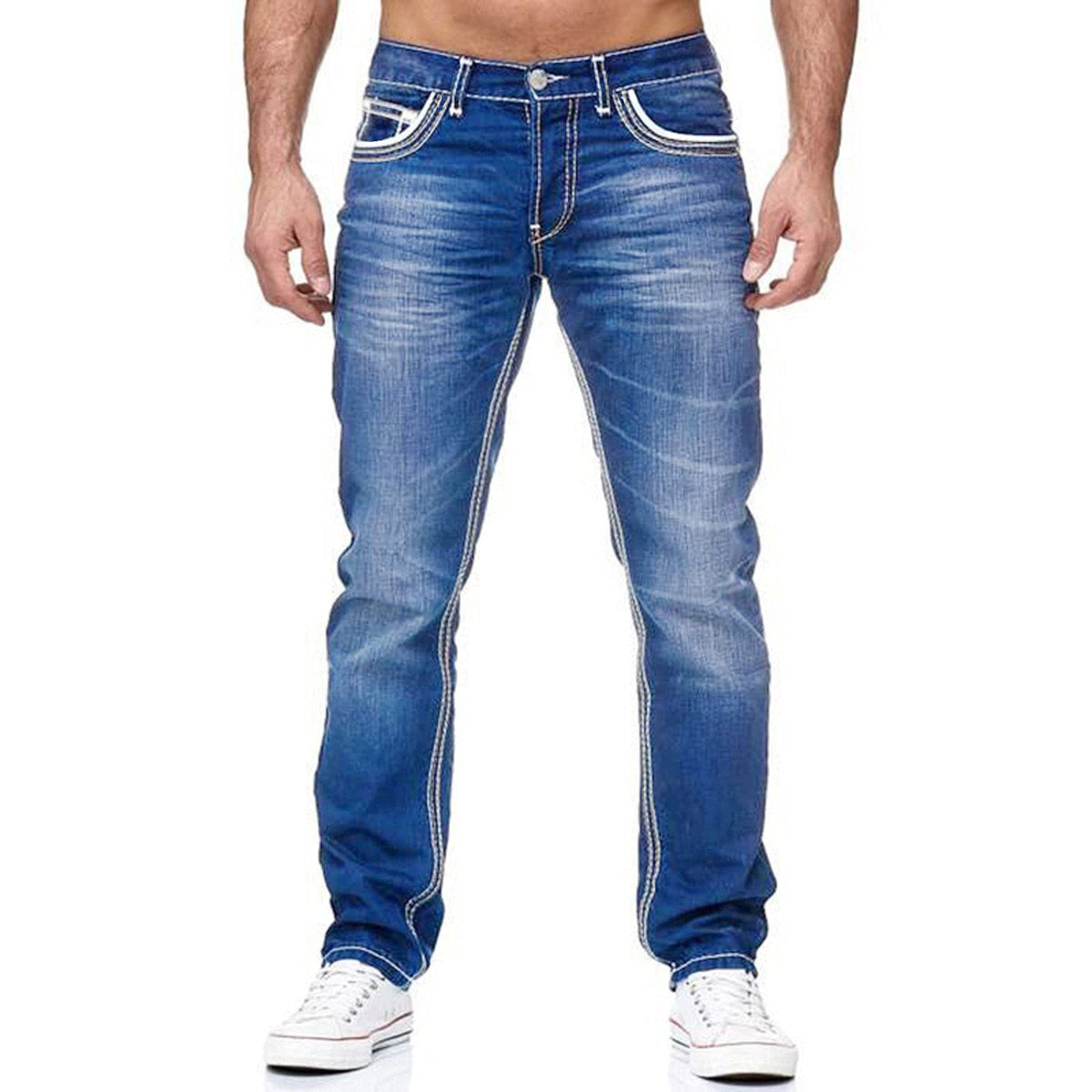 Men's Dark Blue Slim Fit Jeans - Mid-Rise, Zipper Fly