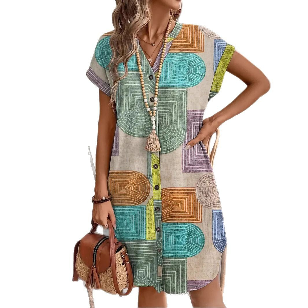 2026 European and American style women's clothing, export, Amazon summer printed elegant V-neck button dress, independent website.