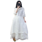 2026 Summer New Retro Niche Pure Ramie Handmade Chinese Style Dress with Folded Buttons and Tie