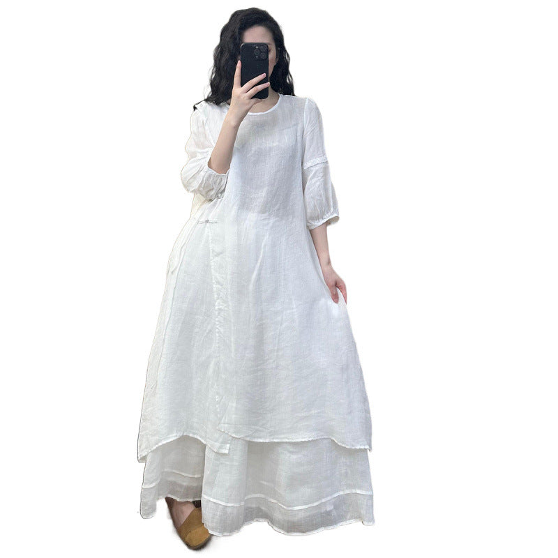2026 Summer New Retro Niche Pure Ramie Handmade Chinese Style Dress with Folded Buttons and Tie