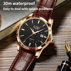 Men's Three-Hand Quartz Watch - Leather Strap, Waterproof